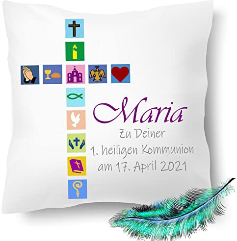 Print Deluxe Kommunion Geschenk, bedrucktes Kissen personalisiert mit Namen und Datum | Kirchliche Symbole |Geschenk Idee,Dekokissen | Kuschelkissen 40X40 Bedruckt | Kissenbezug (ohne Kissenfüllung)