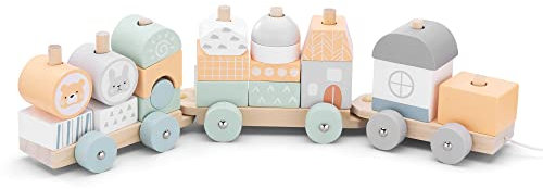 Navaris Trenino Legno Trainabile - Locomotiva e Vagoni a Ruote Trainabili con Spago - Treno Giocattolo 20pz - Cameretta Bambini - Arancione e Verde