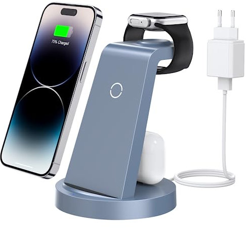 Ladestation Für Apple Watch und iPhone: 3 in 1 Schnelle Kabelloses Ladegerät Kompatibel mit iPhone 16 15 14 13 12 11 X Pro Max & iWatch & Air Pods(Blau)