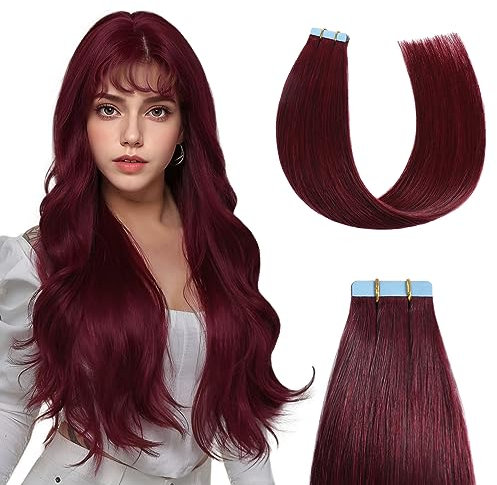 Sunya Tape in Extensions Echthaar 50cm Rot Gerade Nahtlos Haut Tape in Echthaarverlängerungen Burgunderrot Klebeband in Hair Extensions #99J 50g 20pcs