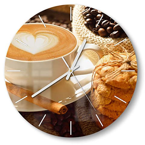 DEQORI Glasuhr | rund Ø 30 cm | Motiv Milchkaffee und Kekse | ausgefallene leise Design Uhr aus Glas | Wanduhr für Wohnzimmer & Küche | Moderne Hingucker Uhr für die Wand
