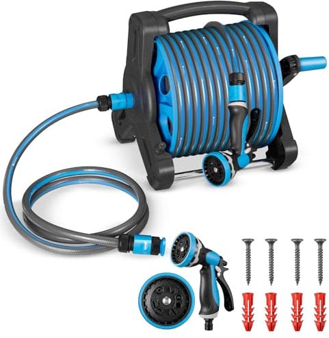 Carrello per tubo Juskys con tubo da 30 m e doccetta multifunzione - Avvolgitubo mobile con supporto da parete, ugello — Blu Grigio scuro