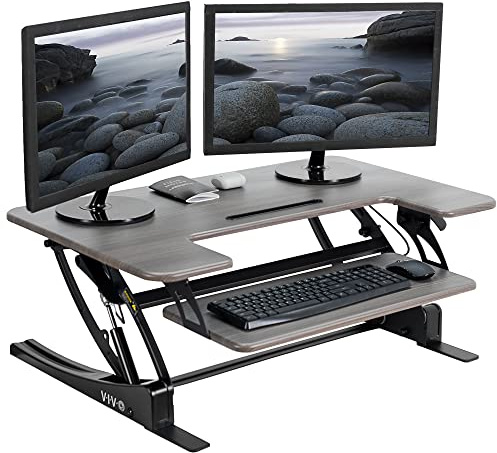 VIVO 91cm Height Adjustable Stand Up Desk Converter, V Series, Quick Sit to Stand Tabletop Dual Monitor Riser Workstation, Gray Top, Black Frame, DESK-V000VG