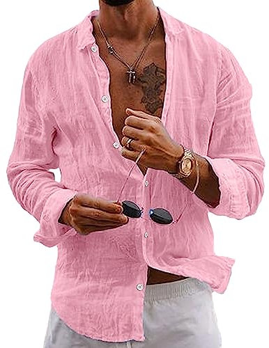 NIBESSER Camicia Uomo Estiva Manica Lunga Elegante Camicia Lino Uomo Casual con Bottoni Tinta Unita Camicia Cotone Uomo Estiva Fresca per Mare Spiaggia Vacanza, Rosa, M