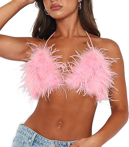 YJZQ Soutien-Gorge Plume Bikini bustier en Peluche Femme Bretelle Dos Nul Veste Sans Manche Gilet Peignoir de nuit Femme Maillot de Bain Adorable Pyjama Costume de Plage Halloween