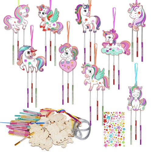 Matogle 9 Stück Einhorn Windspiel Bastelset Holz Kinder Einhorn Holzbastelset Mitgebsel Kindergeburtstag Gastgeschenke Kreativsets Basteln Bastelhandwerk zum Bemalen für Draußen Hängend