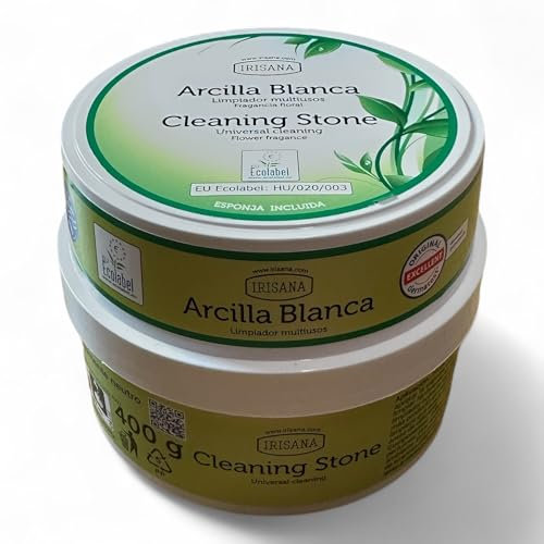 Irisana - Arcilla Blanca - Pack de 2 Unidades de 400 g - con Esponja - Limpiar, Abrillantar, Desengrasar y Eliminar la Cal - Borrador Mágico para Todo Tipo de Superficies