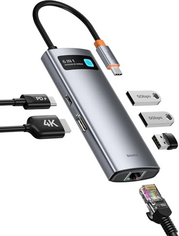 Baseus 6 in 1 USB C Hub Adapter mit 4K HDMI, Gigabit Ethernet, 100W PD USB C, 3 USB A 3.0, USB Docking Station für Laptop MacBook Pro/Air, Surface Pro, iPad Pro, Dell, Steam Deck, Samsung