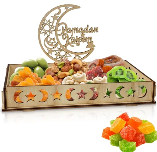 Ramadan Teller Eid Mubarak Tablett Ramadan Dekorieren Tablett Mond und Stern Eid Mubarak Teller Holz Tablett Eid Mubarak Tischdeko Teller,Für Süßigkeiten,Kuchen,Kekse,Eid Tischdekoration (C)