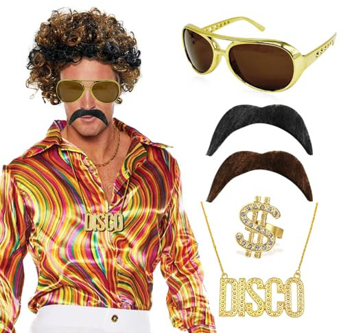 SKHAOVS 6 Stück Disco Hippie Kostüm Set, Herren Perücke, Afro Perücke, Fasching Disco Kostüm, 70/80 Jahre Bekleidung Hippie Kostüm Accessories,Cosplay Halloween Karneval Kostüm Thema Party