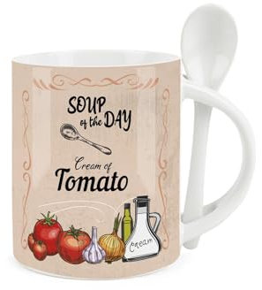 Soup Mug and Spoon Set - Cream of Tomato Soup of The Day - Ceramic White & Orange Soup Mug with Spoon in Handle