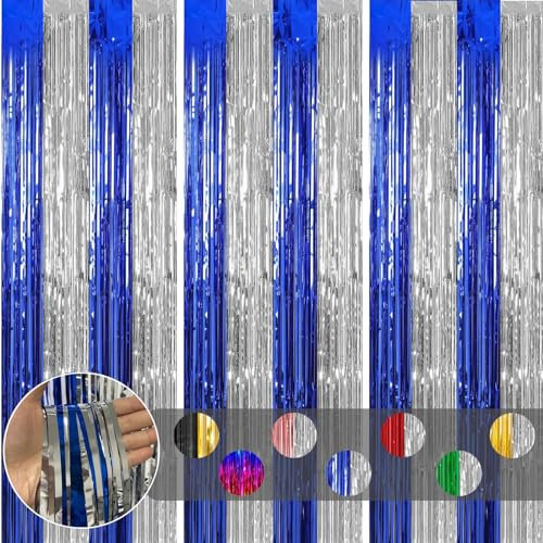 3pcs Tinsel Curtain Blue Silver Glitter Foil Door Curtain Party Backdrop,3.2ftx6.5ft Foil Fringe Curtain Party Streamers Shimmer Curtain Backdrop Decorations for Birthday Christmas Graduation Party