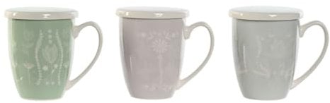 DKD Home Decor Tazza con filtro per infusioni blu verde rosa chiaro acciaio inox porcellana 380 ml (3 pezzi)