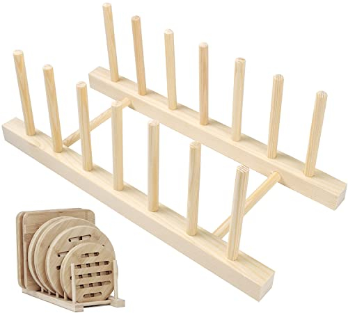 Bamboo Dish Holder Organizer - Wooden Plate Stand with 6 Slots for Plates, Bowls, Cups, Pot Lids, Cutting Boards - Kitchen Cupboard Storage Tray Rack
