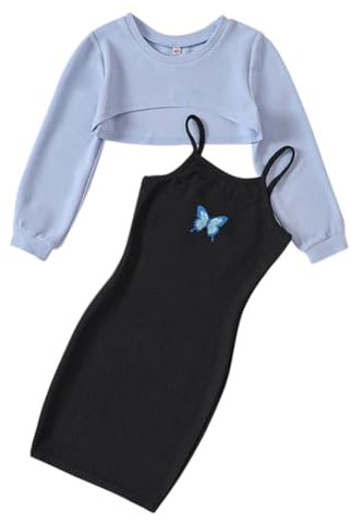 Girls 2Pcs Outfits Sleeveless Bodycon Cami Dress and Long Sleeve Tops Crop Set