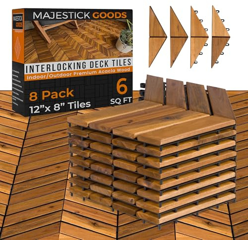 Piastrelle ad incastro 30,5 x 22,9 cm, a spina di pesce, 6 mq, in legno di acacia antiscivolo, per esterni, patio, terrazza, portico e balcone, facili da installare (confezione da 8)