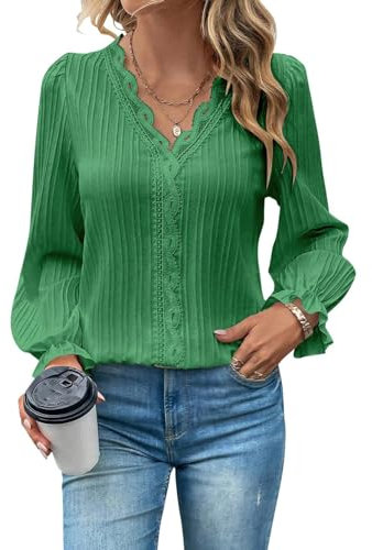 Tomwell Chemisier Femmes Élégant Volants T-Shirts à Manches Longues Col en V Dentelle Patchwork Printemps Automne Chemisier Casual Tops Blouse d'affaires A Vert L