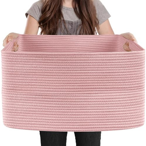 MEGASKET Extra Large Pink Storage Basket, 23.6 x 17 x 12 Rectangle Blanket Basket Living Room, Woven Cotton Rope Basket, Toy Basket Bins, Pink Baskets for Decor, Wicker Baby Laundry Basket