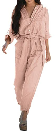 Generisch Arbeitslatzhose Damen Lässige Lange Weite Hosen Overalls Mit Taschen Gürtel Catsuit Netz (Pink, XXXL)