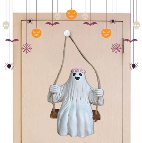 Adorno de fantasma oscilante, letrero de fantasma de Halloween, decoración de Halloween para puerta delantera, letrero de colgador de puerta de Halloween, decoración de fantasma para ventana, fantasma