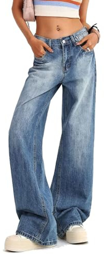 Jeans Larghi da Donna a Vita Bassa lavati Dritti a Gamba Larga Pantaloni in Denim Casual Allentato Boyfriend Jean Streewear Pantaloni, Blu, XS