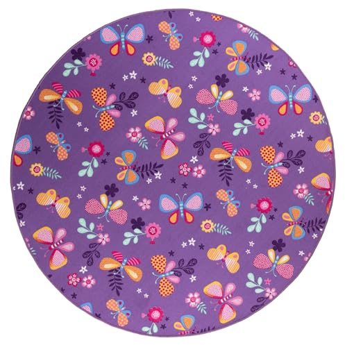 Steffensmeier Kinderteppich Sophia Rund | für Kinderzimmer | Spielteppich | Schmetterling Lila, Größe: Ø 160 cm