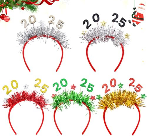 LGZIN 5 Stück 2025 Neujahrs Stirnband, Silvester Haarreif, Silvester Deko 2025, Weihnachten Haarreifen, Glitzer Lametta Stirnbänder für Kinder Erwachsene Silvesterparty Neujahrdeko Deko 2025