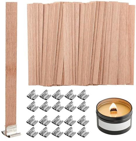 40 Mechas de Madera para Velas, 13x130mm Mecha de Vela de Madera con 20 Bases de Metal, Hacer Velas artesanales, Wood Wick para Hacer Velas artesanales, ecológicas, sin Humo