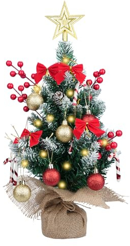 FOGAWA Small Christmas Tree with Lights 45CM Mini Christmas Tree Artificial Tabletop Christmas Trees Small Xmas Tree with Star Tree Topper Baubles Red Berries Pine Cones for Christmas Desktop Decor