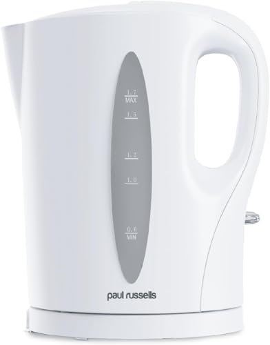 Paul-Russells 1.7L Electric Kettle, 2200W, LED Indicator, Quiet Boil, Clear Water Window, Family Size for 7 Cups, Boil-Dry Protection, Cord-Free Serving, Sleek Design, White Plastic