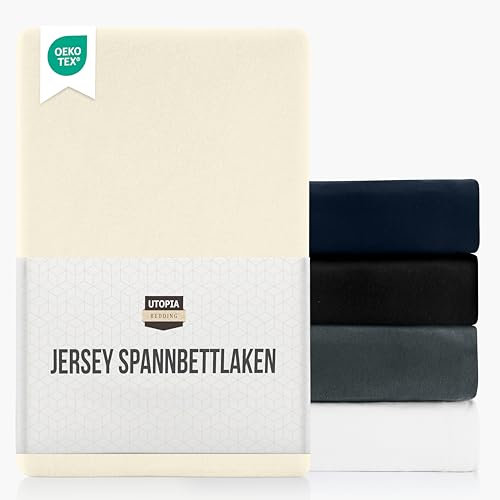 Utopia Bedding Jersey Spannbettlaken, Beige, 180 x 200 cm – 25 cm, Bettlaken Baumwollmischung, Oeko-Tex Zertifiziertes, Zuschnitte für Dicke Matratzen