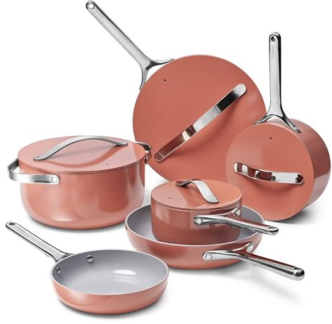 Caraway Deluxe Nonstick Ceramic Cookware Set (16 Piece) Pots, Frying Pans, Lids and Kitchen Storage - PFAS & PFOA Free - Oven Safe Ceramic Pan Set & Compatible with All Stovetops - Perracotta