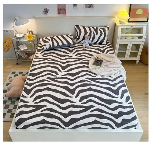 AMDXD 180x220cm Betttuch Allergiker, Zebra Muster Spannbettlaken Gedruckt Faltenresistent und Ausbleichen, Polyester Laken für Bett Grau Weiß für alle Jahreszeiten