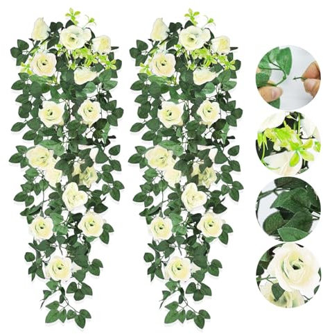 AIMUMEIF 2PCS Fiori Artificiali Pendenti Pianta Rampicanti da Interno Esterno,Piante Finte Artificiali Fiori Finti Piante Rosa per Matrimonio Giardino Parete Balcone,90cm (Bianco)