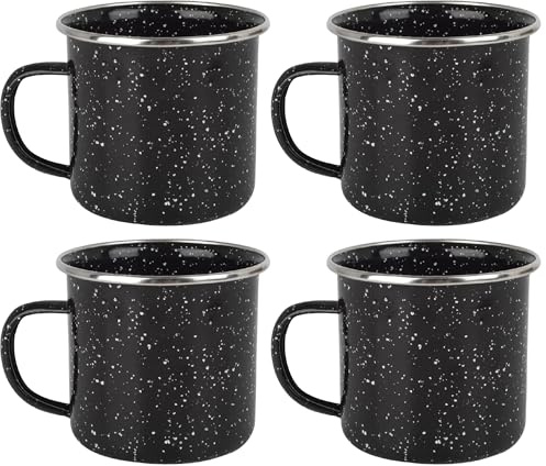 Quickdraw 4 x Enamel Camping Mugs – 350ml Durable Lightweight Metal Mug with Black Speckled Enamel Coating & Stainless Steel Rim – Ideal for Camping Hiking Travel Picnics Outdoor Kitchen