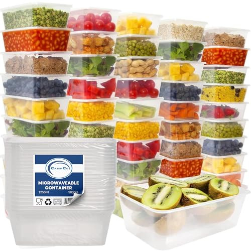 CaterCo 1250ml Plastic Food Containers with Lids - Set Of 500 - BPA Free, Reusable & Disposable Meal Prep Containers - Microwave & Freezer Safe, Cooking, Takeaway, Storage (1250ml - Set Of 500)