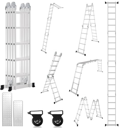 Lospitch Scala multiuso, 4 x 5, 582 cm, 7 in 1, con 2 piattaforme, scala multiuso in alluminio, con 2 ruote di trasporto fino a 150 kg, scala di lavoro, 20 gradini, argento