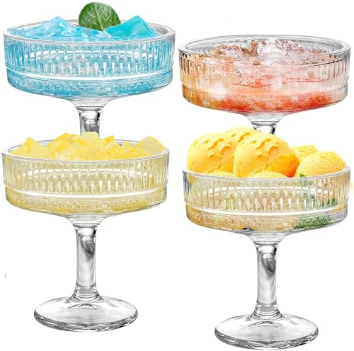 Champagner Gläser 4er Set, 101-200ml Gerippte Champagner Schalen, Cocktailgläser aus Glas, Espresso Martini Gläser für Festliche Anlässe und Partyabende, Kristall Rotweingläser und Weißweingläser