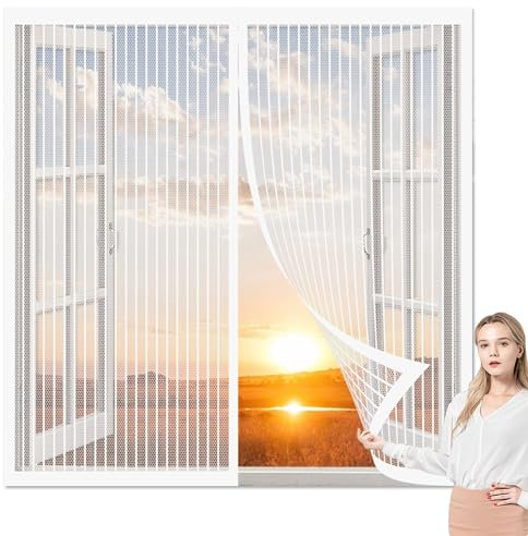 Fliegengitter Fenster Magnet 94 x 140 cm Insektenschutz Fensternetz Ohne Bohren Stärkere Magneten für Schiebefenster Dachfenster, Weiß