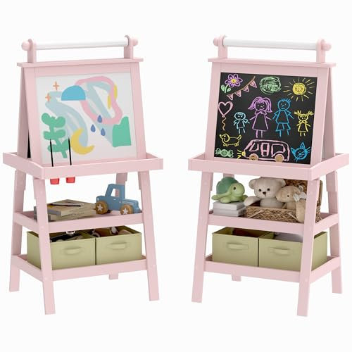 AIYAPLAY Tableau chevalet enfant 3 en 1 tableau double face enfant avec panneau blanc et noir magnétique - rouleau papier + 2 paniers rangement intégrés - 3-6 ans en bois rose