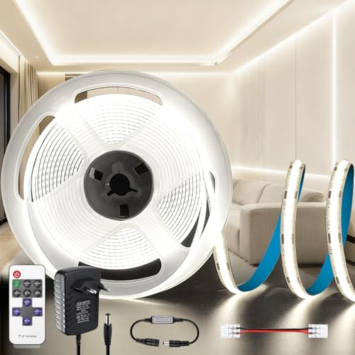 KSIBNW LED Streifen 5M Weiß 6000K, Dimmbar 12V COB LED Strip Set mit Netzteil und Fernbedienung, 8mm Breite Lichtleiste Selbstklebend Hell Unterbauleuchte für Küche, Schlafzimmer, Wohnzimmer