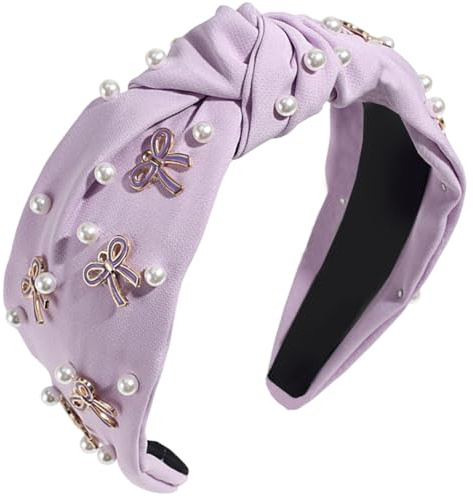 BEAMARKER Serre Tête Violet Noué pour Femme Joli Nœud Orné de Fausses Perles Antidérapant Tendance Large Décoration pour Cheveux pour Anniversaire Voyage Rendez Vous Usage Quotidien