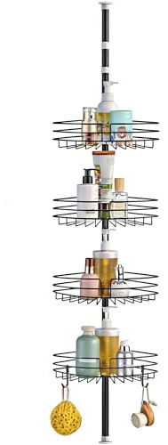 KAIMEIYU Télescopique Étagère de Douche Sans Percage Étagère d'Angle Douche Sans Percage Métal Rangement de Salle de Bain avec 4 Paniers pour Baignoire 85-325CM Noir