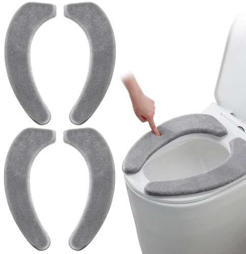 Toilet Seat Covers, 2 Pairs Universal Thicken Toilet Seat Cushion Cover Pads Mat with Handle and Zipper Reusable Washable Soft Warm Cover for All Oval Toilet Seats (Grey)