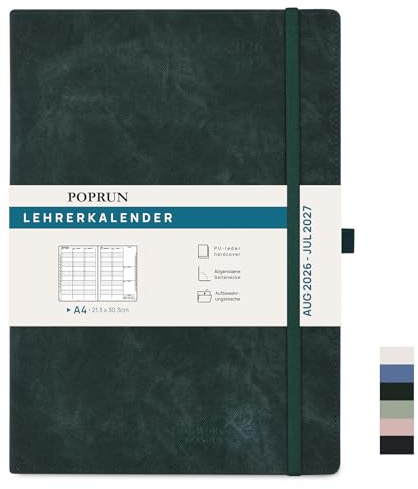 POPRUN Lehrerkalender 2026 2027 Hardcover ca.A4(21 x 29,7cm) auf Deutsch | Lehrerplaner für Lehrerinnen und Lehrer,mit Monatliches Register,Schulplaner mit PU-Leder,für die Unterricht(Tiefgrün)