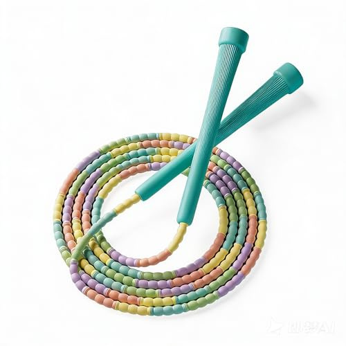iMoebel Perlen Springseil Kinder 2,4 Meter Beaded Jump Rope, Länge Anpassbar Seilspringen für Anfänger Kinder unter 1,70 m bei Freestyle, Cardio & Tricks, Hellblau