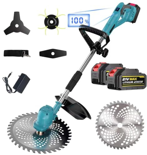 Tagliaerba a batteria 9 pollici con display LCD, motore brushless da 1200W, tagliabordi multifunzionale a batteria con 2 batterie, asta telescopica e testa di taglio regolabile, per prato, erbacce e