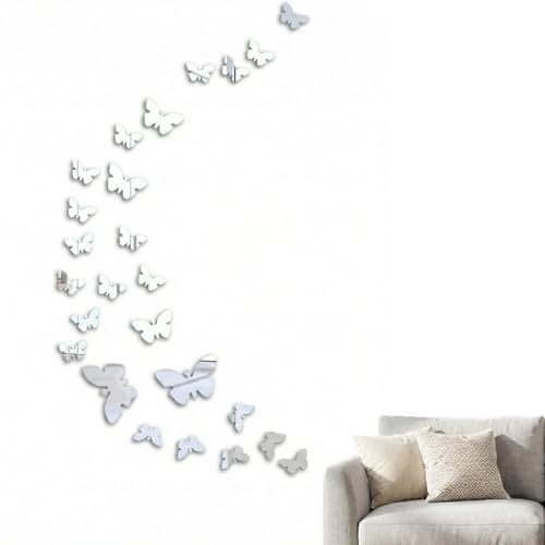 VYNZOR 30 Schmetterlingsdekorationen, Spiegel-Schmetterlingsaufkleber, Silberne 3D-Schmetterlinge aus Acryl, geeignet für Wände, Wohnzimmer, Schlafzimmer, Büro