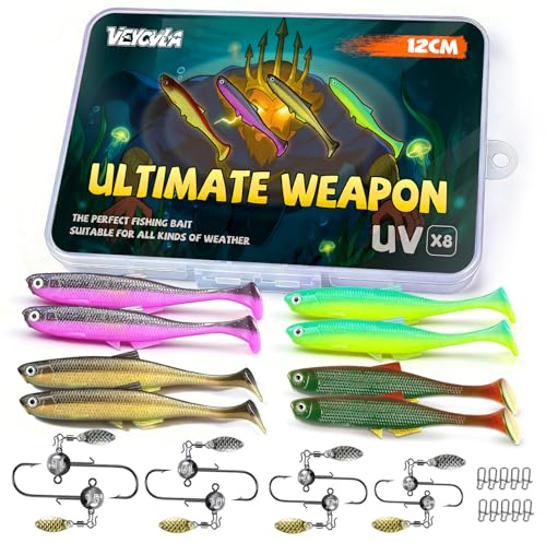VEYCVLA Fishing Gummifische Zander barsch Gummiköder Zander-Angeln-12cm Softbait Angelköder für Forelle Zander & Barsch, Jigköpfe für Gummifische Angeln Jighaken mit Round Kopf