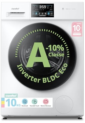 COMFEE' Lavatrice 10 kg Classe A-10% 1400 Giri Motore Inverter Silenzioso | Vapore Igienico, Wool, Lavaggio Rapido e Pannello Touch per Famiglie Numerose e Grandi Carichi di Bucato CFP03EW100W-IT